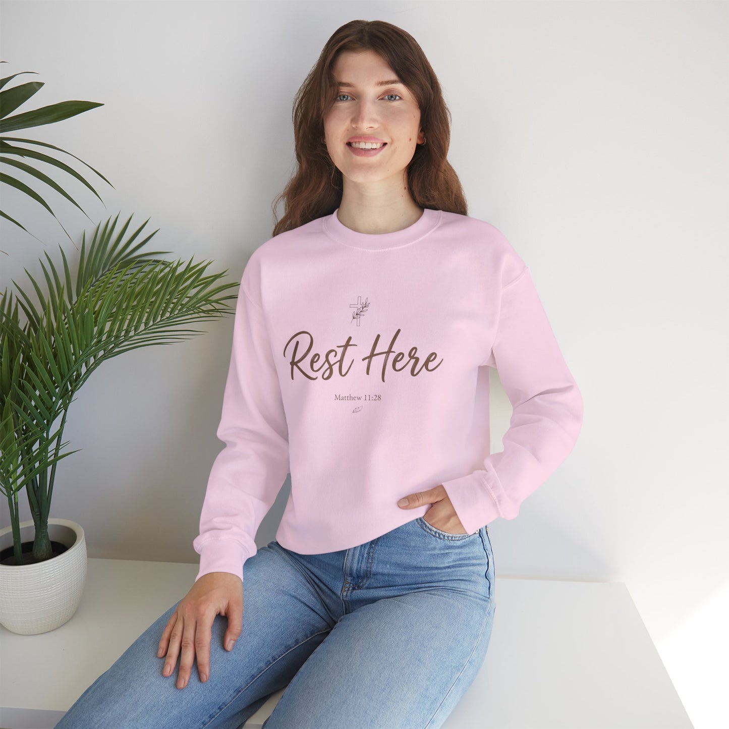 Rest Here Sweatshirt – Soft Inspirational Crewneck (Matthew 11:28)