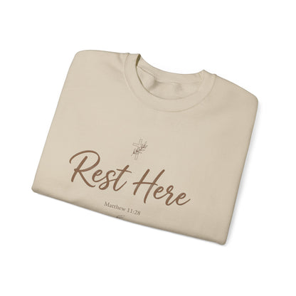 Rest Here Sweatshirt – Soft Inspirational Crewneck (Matthew 11:28)
