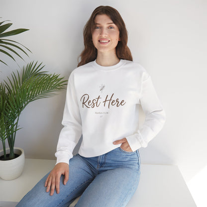 Rest Here Sweatshirt – Soft Inspirational Crewneck (Matthew 11:28)