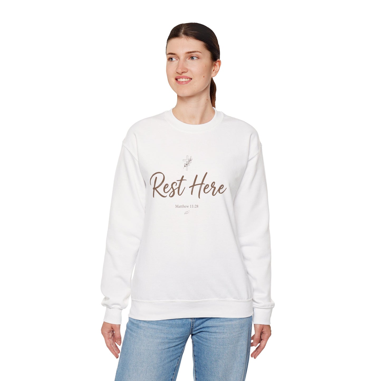 Rest Here Sweatshirt – Soft Inspirational Crewneck (Matthew 11:28)