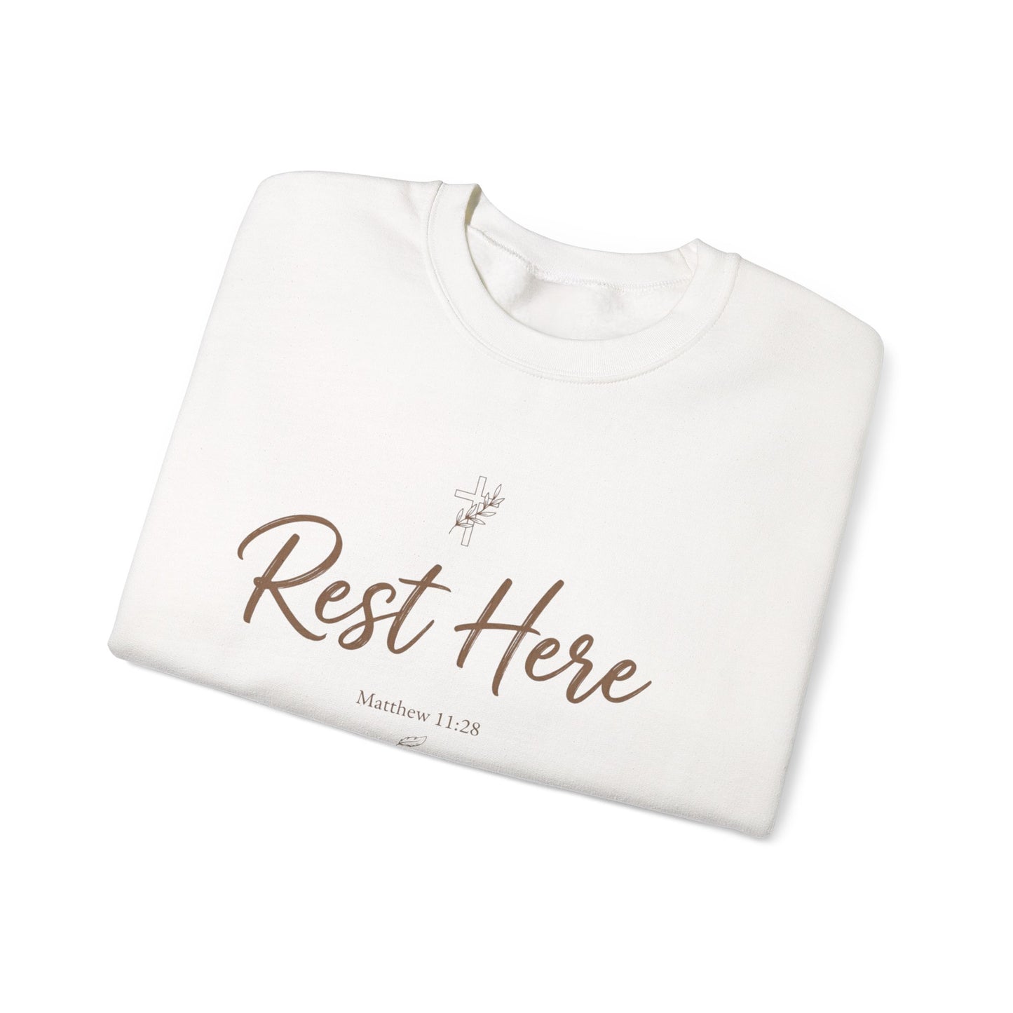 Rest Here Sweatshirt – Soft Inspirational Crewneck (Matthew 11:28)