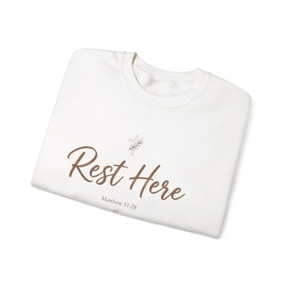 Rest Here Sweatshirt – Soft Inspirational Crewneck (Matthew 11:28)