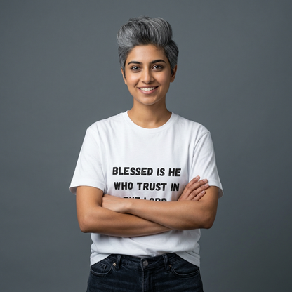 Blessed Is He Who Trust in the Lord T-Shirt | Scripture Tree Back Print