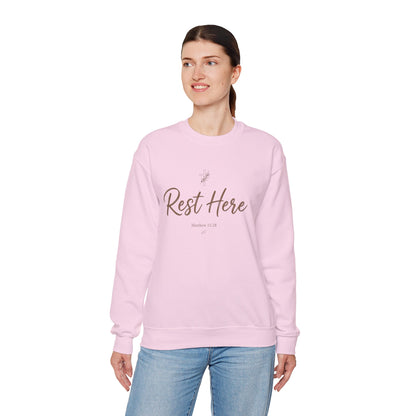 Rest Here Sweatshirt – Soft Inspirational Crewneck (Matthew 11:28)