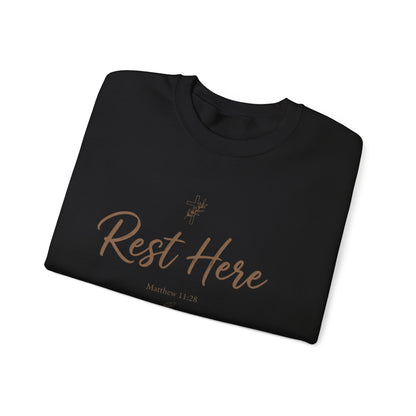 Rest Here Sweatshirt – Soft Inspirational Crewneck (Matthew 11:28)