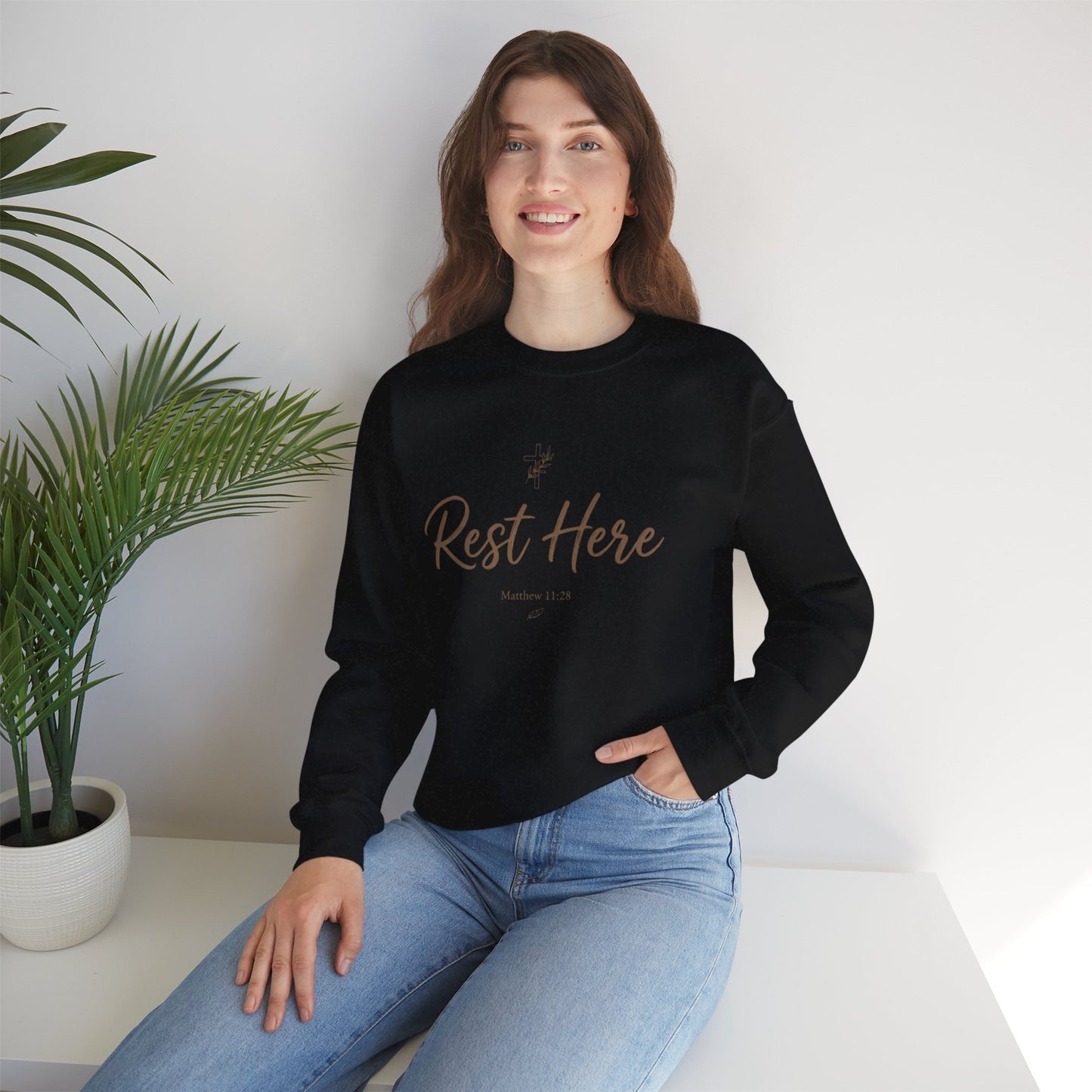 Rest Here Sweatshirt – Soft Inspirational Crewneck (Matthew 11:28)