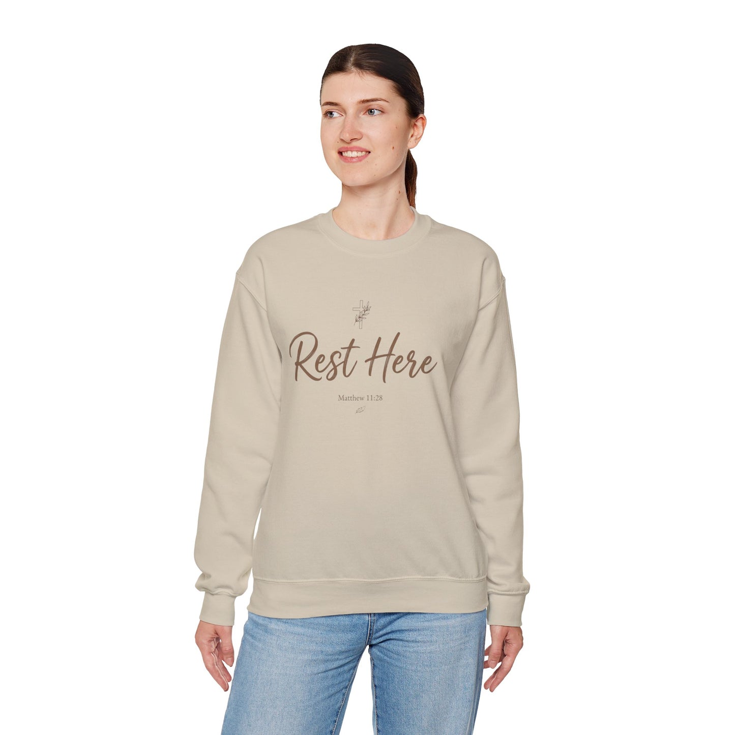 Rest Here Sweatshirt – Soft Inspirational Crewneck (Matthew 11:28)