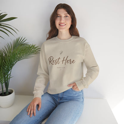 Rest Here Sweatshirt – Soft Inspirational Crewneck (Matthew 11:28)
