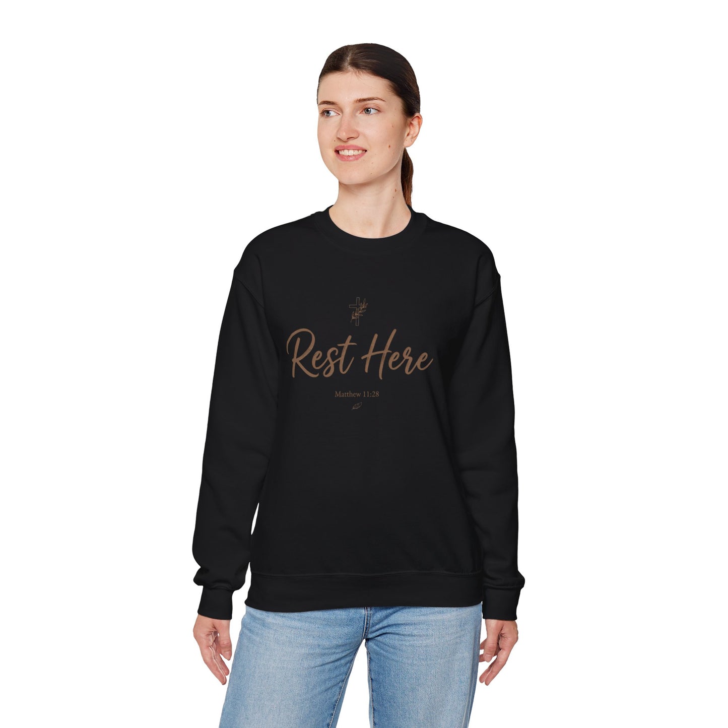 Rest Here Sweatshirt – Soft Inspirational Crewneck (Matthew 11:28)