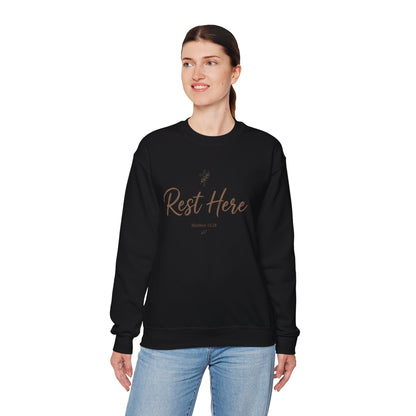 Rest Here Sweatshirt – Soft Inspirational Crewneck (Matthew 11:28)
